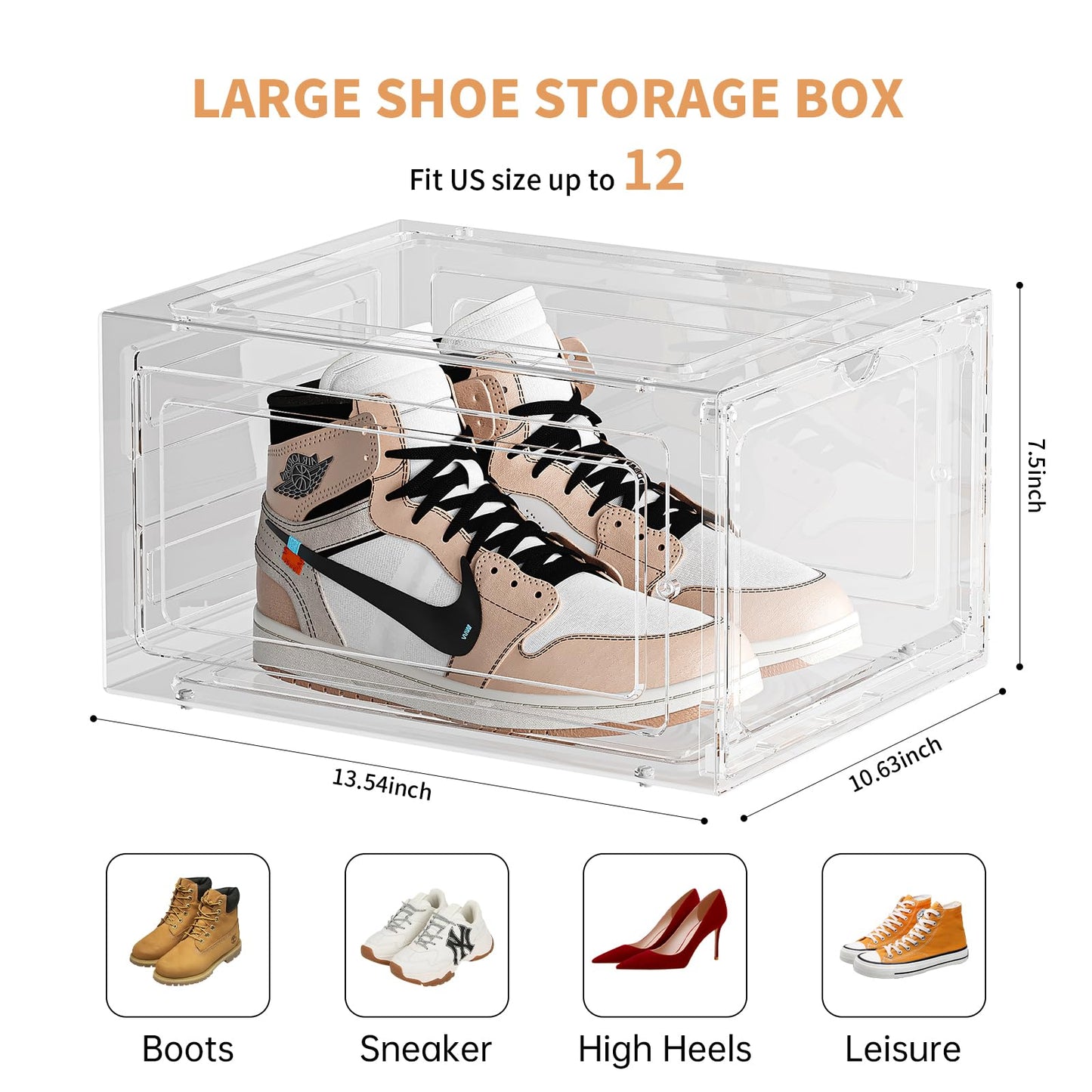 Clear Shoe Storage Boxes Stackable, 8 Pack Shoe Organizer for Closet/Entryway, Drop front Shoe Box with Magnetic Door, Shoe Display Case, Sneaker Storage Organizer, Fit up to US size 12