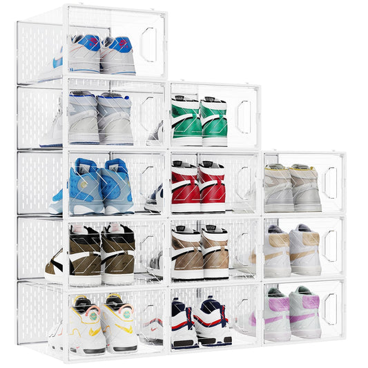 BomSaluka 12 Pack Shoe Storage Box,Clear Plastic Stackable Shoe Organizer for Closet,Space Saving Foldable Shoe Holders, Easy Assembly Shoe Storage Cabinet Shoes Display Case Shoe Container Bins